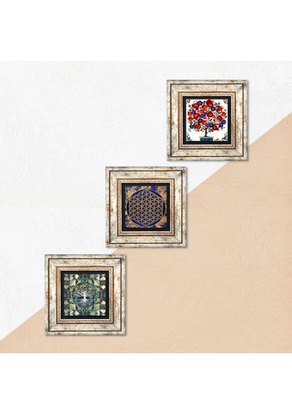 Hayat Ağacı, Yaşam Çiçeği, Nar Ağacı Taş Duvar Tablosu Çerçeveli Duvar Dekoru 3 Parça Tablo Seti Wall Art T3-344