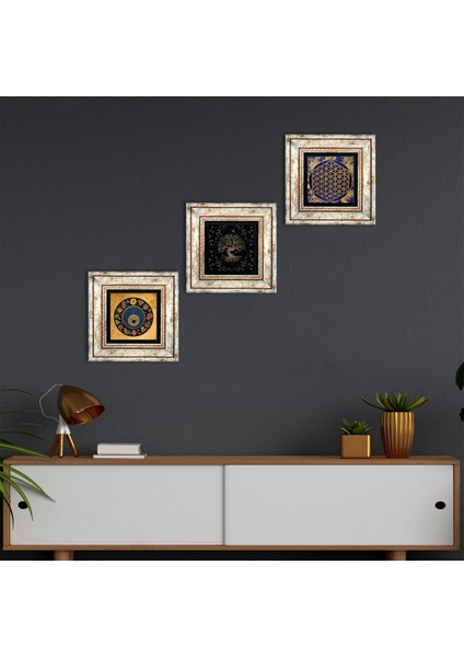 Yaşam Çiçeği, Hayat Ağacı, Nazar Çerçeveli Taş Duvar Tablosu 3’lü Set - Dekoratif Modern Sanat, Ev ve Ofis Dekoru |TK3-362|