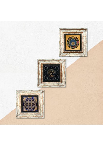 Yaşam Çiçeği, Hayat Ağacı, Nazar Çerçeveli Taş Duvar Tablosu 3’lü Set - Dekoratif Modern Sanat, Ev ve Ofis Dekoru |TK3-362| indirimleri