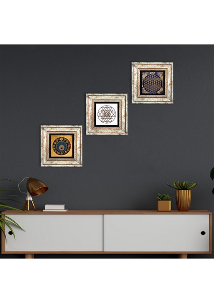 Sri Yantra, Yaşam Çiçeği, Nazar Boncuğu Taş Duvar Tablosu Çerçeveli Duvar Dekoru 3 Parça Tablo Seti Wall Art T3-365