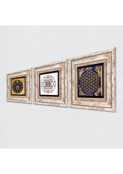 Sri Yantra, Yaşam Çiçeği, Nazar Boncuğu Taş Duvar Tablosu Çerçeveli Duvar Dekoru 3 Parça Tablo Seti Wall Art T3-365 fiyatları