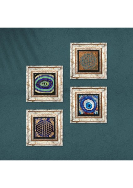 Nazar, Yaşam Çiçeği Çerçeveli Taş Duvar Tablosu 4’lü Set - Dekoratif Modern Sanat, Ev ve Ofis Dekoru |TK4-1601| fırsatları