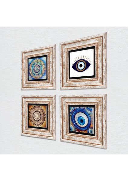 Nazar, Mandala Çerçeveli Taş Duvar Tablosu 4’lü Set - Dekoratif Modern Sanat, Ev ve Ofis Dekoru |TK4-1651| fiyatları