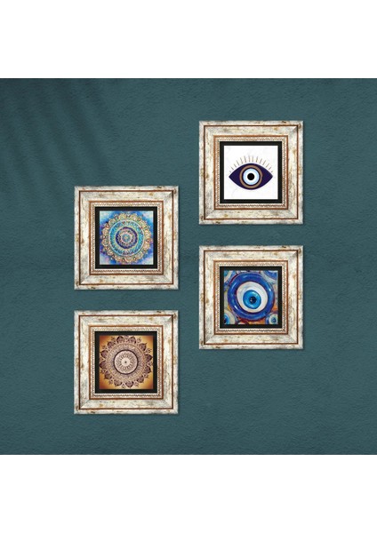 Nazar, Mandala Çerçeveli Taş Duvar Tablosu 4’lü Set - Dekoratif Modern Sanat, Ev ve Ofis Dekoru |TK4-1651| fırsatları