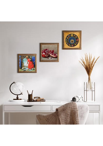 Stone Nazar Boncuğu, Kaplumbağa Terbiyecisi, Nar Ahşap Çerçeveli Taş Duvar Tablosu 3’lü Set – 25x25 cm Dekoratif Modern Sanat – Ev ve Ofis Dekoru |W3-1538|