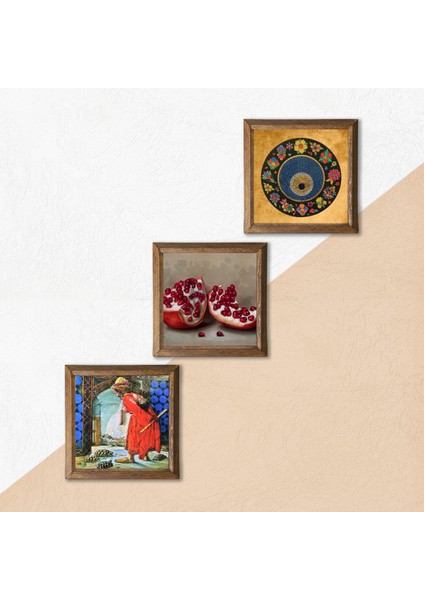 Stone Nazar Boncuğu, Kaplumbağa Terbiyecisi, Nar Ahşap Çerçeveli Taş Duvar Tablosu 3’lü Set – 25x25 cm Dekoratif Modern Sanat – Ev ve Ofis Dekoru |W3-1538| indirimleri