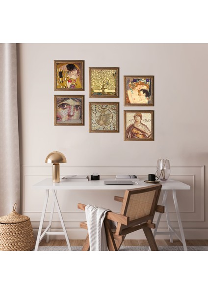 Gustav Klimt, Çingene Kızı, Soteria Mozaiği Taş Duvar Tablosu Ahşap Çerçeveli Duvar Dekoru 6 Parça Tablo Seti Wall Art W6-52