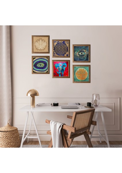 Fil, Nazar, Lotus Çiçeği, Yaşam Çiçeği Taş Duvar Tablosu Ahşap Çerçeveli Duvar Dekoru 6 Parça Tablo Seti Wall Art W6-68