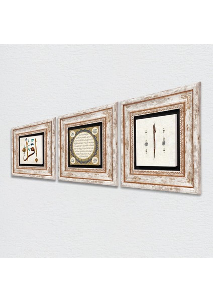 Elif, İlk Ayet 'Oku', Hilye-i Şerif Taş Duvar Tablosu Çerçeveli Duvar Dekoru 3 Parça Tablo Seti Wall Art T3-364