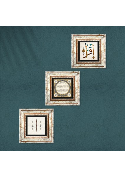 Elif, İlk Ayet 'Oku', Hilye-i Şerif Taş Duvar Tablosu Çerçeveli Duvar Dekoru 3 Parça Tablo Seti Wall Art T3-364