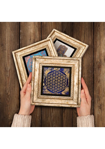 Yaşam Çiçeği, Nazar Boncuğu Çerçeveli Taş Duvar Tablosu 3’lü Set - Dekoratif Modern Sanat, Ev ve Ofis Dekoru |TK3-367| modelleri