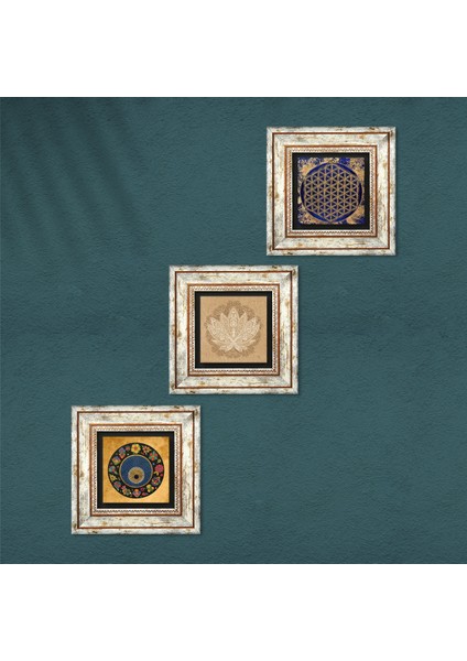 Stone Lotus Çiçeği, Yaşam Çiçeği, Nazar Çerçeveli Taş Duvar Tablosu 3’lü Set - Dekoratif Modern Sanat, Ev ve Ofis Dekoru |TK3-368| fırsatları
