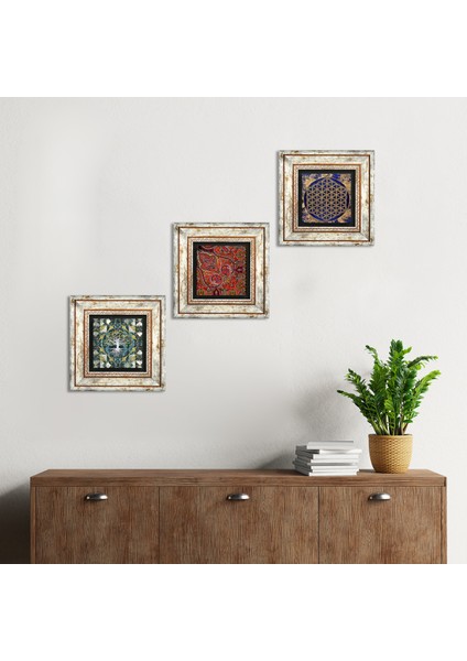 Hayat Ağacı, Yaşam Çiçeği, Desen Çerçeveli Taş Duvar Tablosu 3’lü Set - Dekoratif Modern Sanat, Ev ve Ofis Dekoru |TK3-380|