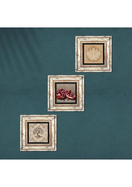 Lotus Çiçeği, Hayat Ağacı, Nar Taş Duvar Tablosu Çerçeveli Duvar Dekoru 3 Parça Tablo Seti Wall Art T3-927