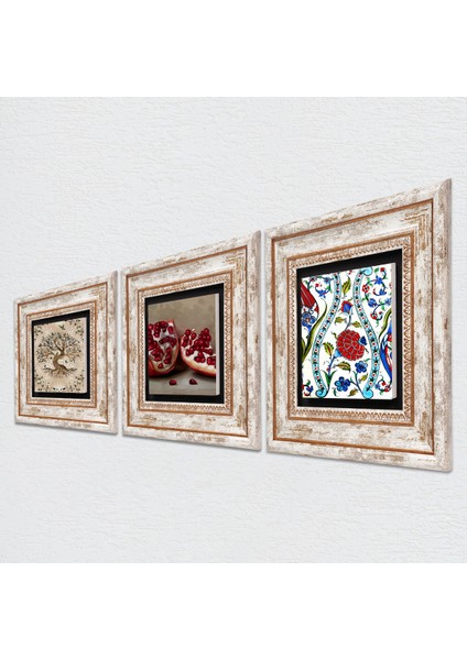 Çini Sanatı Lale, Hayat Ağacı, Nar Taş Duvar Tablosu Çerçeveli Duvar Dekoru 3 Parça Tablo Seti Wall Art T3-929 fiyatları