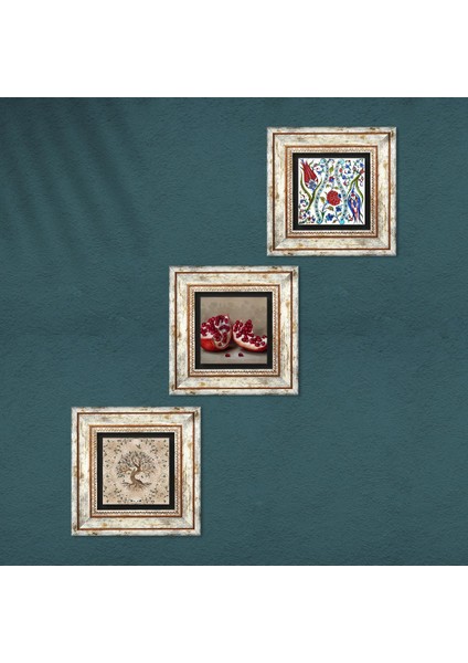 Çini Sanatı Lale, Hayat Ağacı, Nar Taş Duvar Tablosu Çerçeveli Duvar Dekoru 3 Parça Tablo Seti Wall Art T3-929 fırsatları