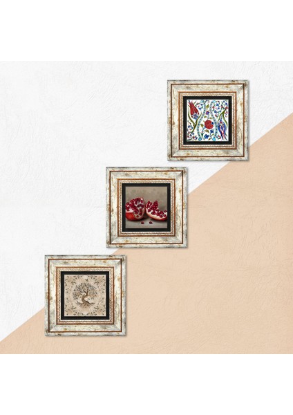 Çini Sanatı Lale, Hayat Ağacı, Nar Taş Duvar Tablosu Çerçeveli Duvar Dekoru 3 Parça Tablo Seti Wall Art T3-929 indirimleri