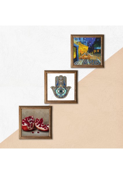 Van Gogh Kafe Terasta Gece, Nar, Fatma Ana Eli (Hamsa) Taş Duvar Tablosu Ahşap Çerçeveli Duvar Dekoru 3 Parça Tablo Seti Wall Art W3-773