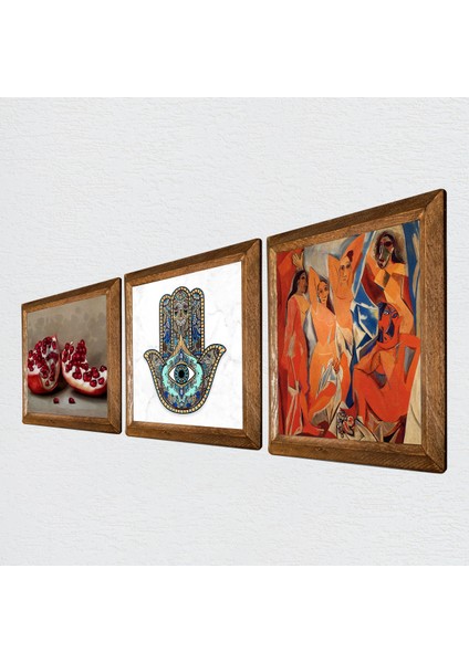 Stone Picasso Avignonlu Kızlar, Nar, Fatma Ana Eli (Hamsa) Ahşap Çerçeveli Taş Duvar Tablosu 3’lü Set – 25x25 cm Dekoratif Modern Sanat – Ev ve Ofis Dekoru |W3-778| fiyatları
