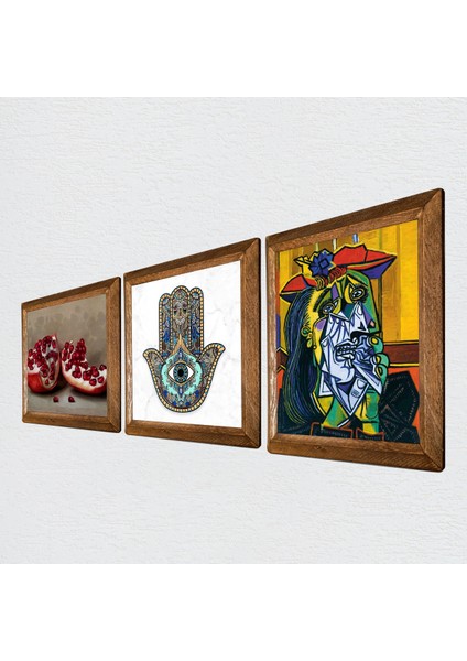 Picasso Ağlayan Kadın, Nar, Fatma Ana Eli (Hamsa) Taş Duvar Tablosu Ahşap Çerçeveli Duvar Dekoru 3 Parça Tablo Seti Wall Art W3-779 fiyatları