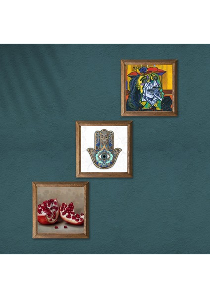 Picasso Ağlayan Kadın, Nar, Fatma Ana Eli (Hamsa) Taş Duvar Tablosu Ahşap Çerçeveli Duvar Dekoru 3 Parça Tablo Seti Wall Art W3-779 modelleri