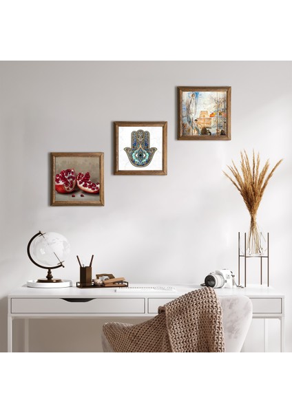 Stone Salvador Dalí Amerika’nın Keşfi, Nar, Fatma Ana Eli Ahşap Çerçeveli Taş Duvar Tablosu 3’lü Set – 25x25 cm Dekoratif Modern Sanat – Ev ve Ofis Dekoru |W3-780|