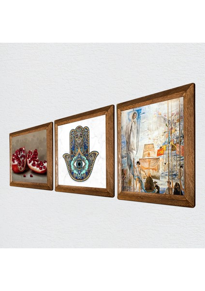 Stone Salvador Dalí Amerika’nın Keşfi, Nar, Fatma Ana Eli Ahşap Çerçeveli Taş Duvar Tablosu 3’lü Set – 25x25 cm Dekoratif Modern Sanat – Ev ve Ofis Dekoru |W3-780| fiyatları
