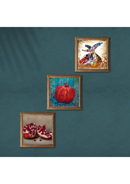 Semazen, Nar Taş Duvar Tablosu Ahşap Çerçeveli Duvar Dekoru 3 Parça Tablo Seti Wall Art W3-784