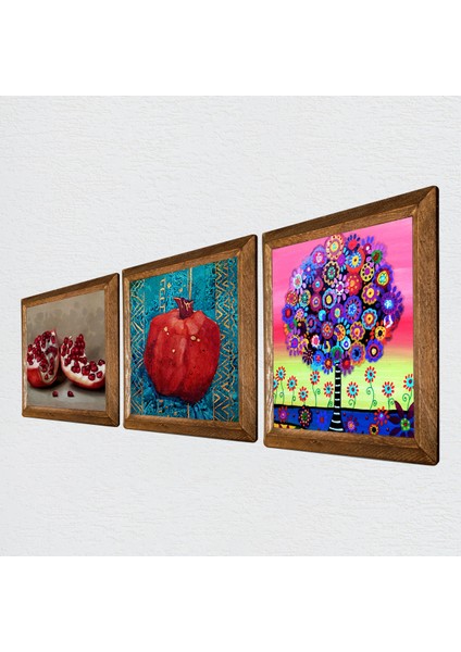 Karla Gerard Hayat Ağacı, Nar Taş Duvar Tablosu Ahşap Çerçeveli Duvar Dekoru 3 Parça Tablo Seti Wall Art W3-787
