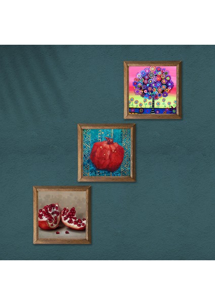 Karla Gerard Hayat Ağacı, Nar Taş Duvar Tablosu Ahşap Çerçeveli Duvar Dekoru 3 Parça Tablo Seti Wall Art W3-787