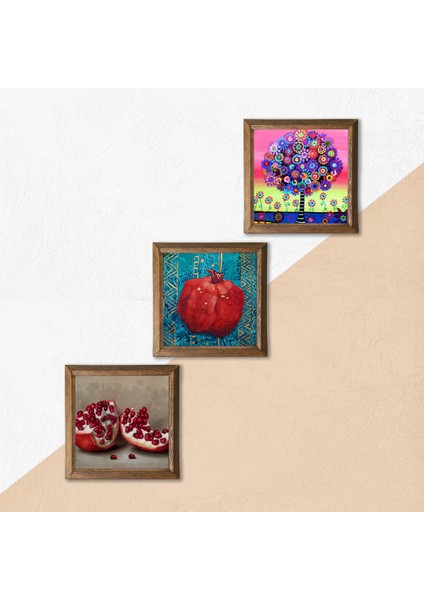 Karla Gerard Hayat Ağacı, Nar Taş Duvar Tablosu Ahşap Çerçeveli Duvar Dekoru 3 Parça Tablo Seti Wall Art W3-787