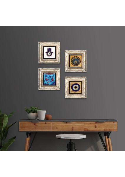 Fatma Ana Eli (Hamsa), Çini Sanatı Balık, Nazar Taş Duvar Tablosu Çerçeveli Duvar Dekoru 4 Parça Tablo Seti Wall Art T4-1827