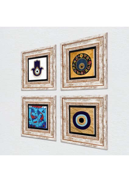 Fatma Ana Eli (Hamsa), Çini Sanatı Balık, Nazar Taş Duvar Tablosu Çerçeveli Duvar Dekoru 4 Parça Tablo Seti Wall Art T4-1827
