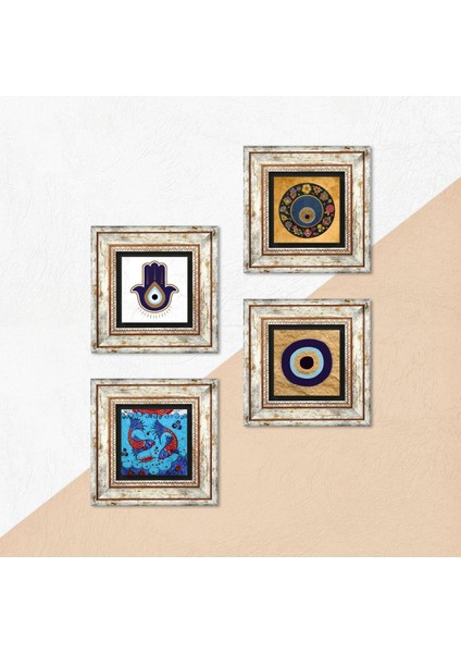 Fatma Ana Eli (Hamsa), Çini Sanatı Balık, Nazar Taş Duvar Tablosu Çerçeveli Duvar Dekoru 4 Parça Tablo Seti Wall Art T4-1827