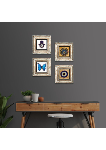 Stone Fatma Ana Eli (Hamsa), Kelebek, Nazar Çerçeveli Taş Duvar Tablosu 4’lü Set - Dekoratif Modern Sanat, Ev ve Ofis Dekoru |TK4-1839|