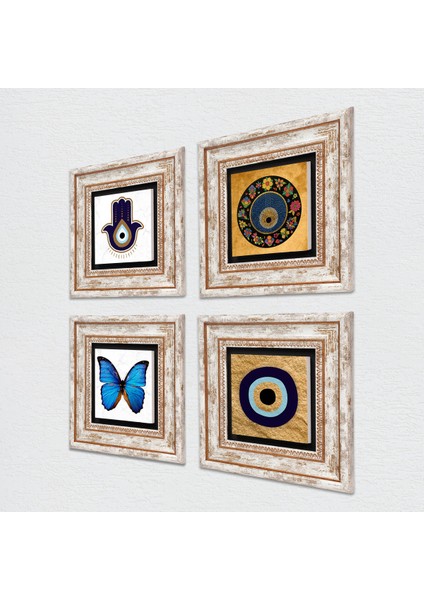 Stone Fatma Ana Eli (Hamsa), Kelebek, Nazar Çerçeveli Taş Duvar Tablosu 4’lü Set - Dekoratif Modern Sanat, Ev ve Ofis Dekoru |TK4-1839| fiyatları