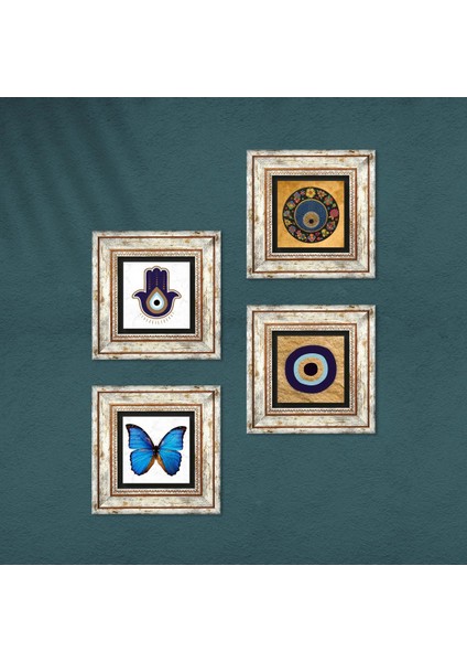 Stone Fatma Ana Eli (Hamsa), Kelebek, Nazar Çerçeveli Taş Duvar Tablosu 4’lü Set - Dekoratif Modern Sanat, Ev ve Ofis Dekoru |TK4-1839| fırsatları