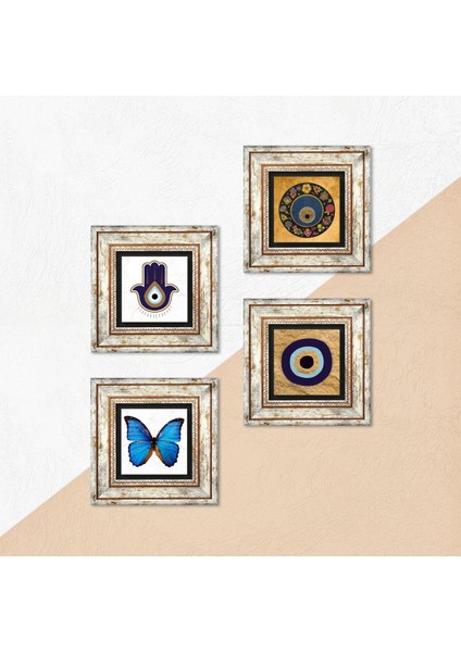 Stone Fatma Ana Eli (Hamsa), Kelebek, Nazar Çerçeveli Taş Duvar Tablosu 4’lü Set - Dekoratif Modern Sanat, Ev ve Ofis Dekoru |TK4-1839| indirimleri
