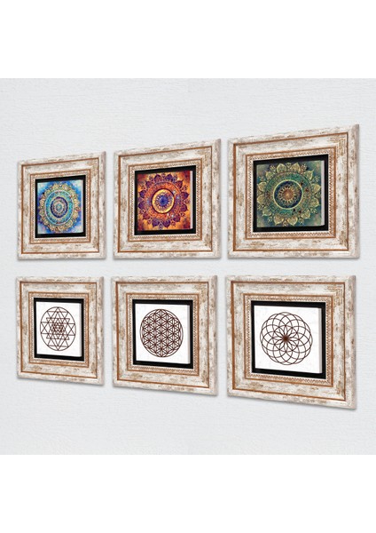 Mandala, Yaşam Çiçeği, Sri Yantra Taş Duvar Tablosu Çerçeveli Duvar Dekoru 6 Parça Tablo Seti Wall Art T6-38