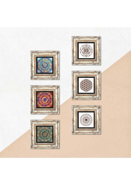Mandala, Yaşam Çiçeği, Sri Yantra Taş Duvar Tablosu Çerçeveli Duvar Dekoru 6 Parça Tablo Seti Wall Art T6-38