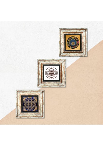 Sri Yantra, Yaşam Çiçeği, Nazar Boncuğu Taş Duvar Tablosu Çerçeveli Duvar Dekoru 3 Parça Tablo Seti Wall Art T3-365 indirimleri