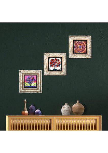 Mandala, Hayat Ağacı, Nar Ağacı Çerçeveli Taş Duvar Tablosu 3’lü Set - Dekoratif Modern Sanat, Ev ve Ofis Dekoru |TK3-387|