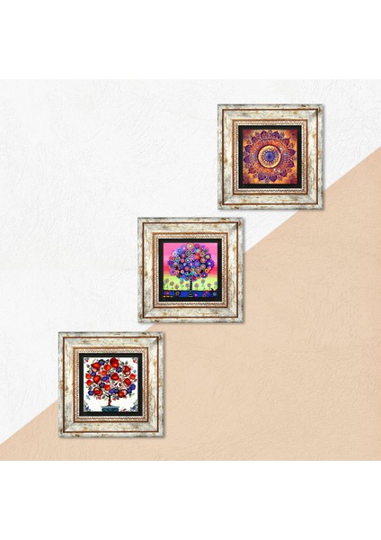 Mandala, Hayat Ağacı, Nar Ağacı Çerçeveli Taş Duvar Tablosu 3’lü Set - Dekoratif Modern Sanat, Ev ve Ofis Dekoru |TK3-387| indirimleri