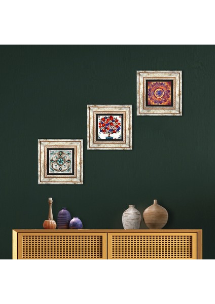 Stone Mandala, Çini Sanatı, Nar Ağacı Çerçeveli Taş Duvar Tablosu 3’lü Set - Dekoratif Modern Sanat, Ev ve Ofis Dekoru |TK3-388|