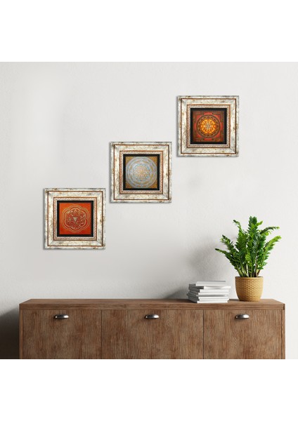 Stone Sri Yantra Çerçeveli Taş Duvar Tablosu 3’lü Set - Dekoratif Modern Sanat, Ev ve Ofis Dekoru |TK3-39|