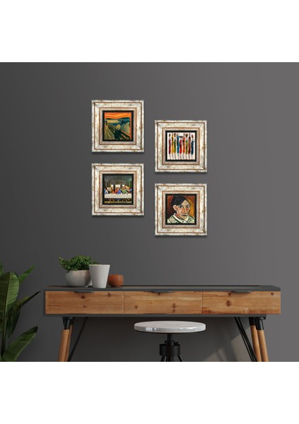 Picasso, Leonardo da Vinci, Çığlık, Yerli Kadınlar Taş Duvar Tablosu Çerçeveli Duvar Dekoru 4 Parça Tablo Seti Wall Art T4-1760