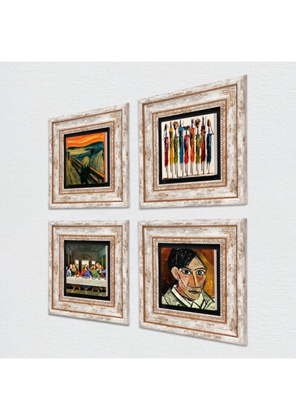 Picasso, Leonardo da Vinci, Çığlık, Yerli Kadınlar Taş Duvar Tablosu Çerçeveli Duvar Dekoru 4 Parça Tablo Seti Wall Art T4-1760