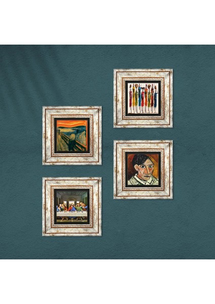 Picasso, Leonardo da Vinci, Çığlık, Yerli Kadınlar Taş Duvar Tablosu Çerçeveli Duvar Dekoru 4 Parça Tablo Seti Wall Art T4-1760