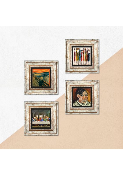 Picasso, Leonardo da Vinci, Çığlık, Yerli Kadınlar Taş Duvar Tablosu Çerçeveli Duvar Dekoru 4 Parça Tablo Seti Wall Art T4-1760