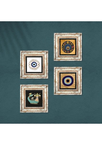 Nazar, Şahmeran Taş Duvar Tablosu Çerçeveli Duvar Dekoru 4 Parça Tablo Seti Wall Art T4-1804